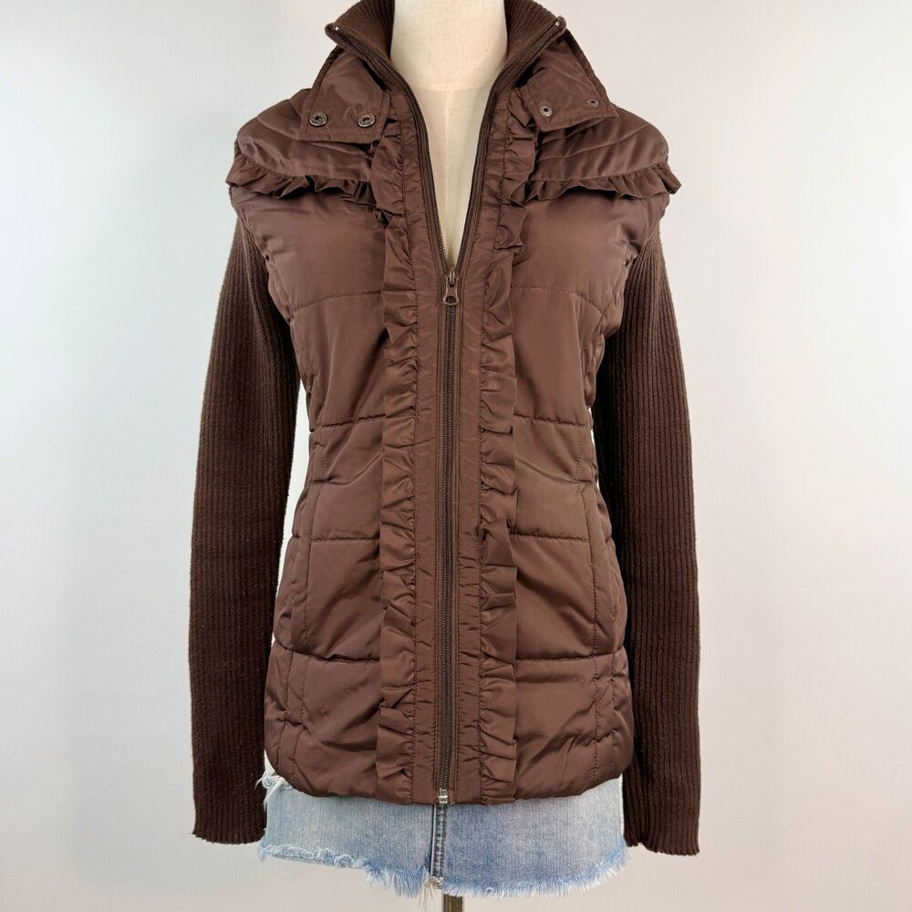 Y2K Brown Puffy Jacket Ribbed Knit Sleeves Ruffled Collar Preppy 2000s Size L